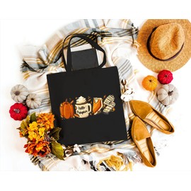 GXVUIS Hello Pumpkin Canvas Tote Bag for Women Aesthetic Fall Favorites Reusable Grocery Shopping Bags Thanksgiving Gifts Black