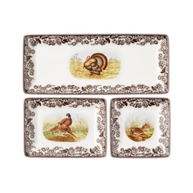 Spode Woodland 3-Piece Porcelain Tray Set - Turkey, Pheasant, Otter Wildlife Art, Great for Holiday Appetizers & Snacks - Stackable Design with Floral Borders, Dishwasher Safe, Oven Safe Trays