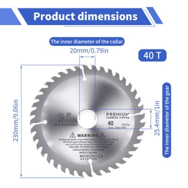 Skweawert 9-Inch（230mm 40T Circular Saw Blade Alloy Steel TCT ATB 25.4mm Arbor（Reduced Ring 20mm） Multifunction Woodworking Disc for Wood, Plastic, PVC, Acrylic, Plywood