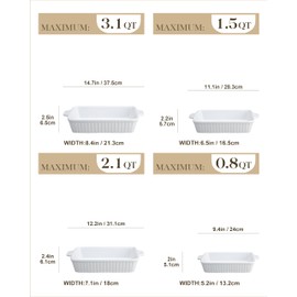 MALACASA Casserole Dishes for Oven, Porcelain Baking Dishes, Ceramic Bakeware Sets of 4, Rectangular Lasagna Pans Deep with Handles for Baking Cake Kitchen, White (9.4"/11.1"/12.2"/14.7"), Series