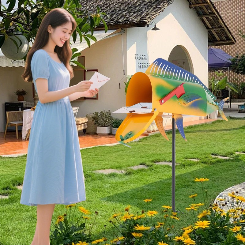 NOENNULL Largemouth Fish Mailbox Large Metal Mail Box Fish Shape