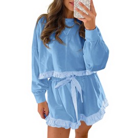 Fisoew Women's 2 Piece Lounge Sets Ruffle Color Block Cropped Sweatshirts Casual Drawstring Shorts Fall Loose Sweatsuits