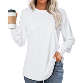 Tunics or Tops to Wear with Leggings White Long Sleeve Shirts for Women 2025 Fall Trendy Dressy Casual Cute Round Neck T Shirts Business Office Clothes Puff Sleeve Going Out Top White M