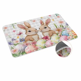 Spring Easter Doormat Rugs Outdoor/Indoor Bunny Eggs Non-Slip Entrance Welcome Matt for Front Door/Bathroom/Kitchen/Bedroom/Patio/Entryway Rugs Floor Mats,18"x30", Rabbit Flower Grey Buffalo Plaid