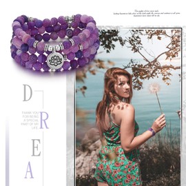 Flongo Beads Gemstone Yoga Bracelet Wrap Bracelet Natural Stone Buddha Buddhist Tibetan Prayer Beads Healing Reiki Mala Chain Necklace with Lotus Pendant, Stone