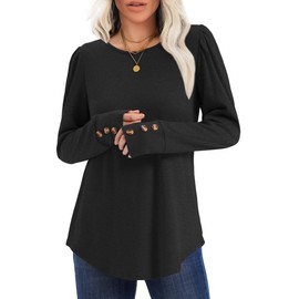 Aokosor Ladies Tops Jumpers for Women UK Crew Neck Sweatshirt Casual Puff Sleeve Shirts Tops with Buttons Size 22-24 Black