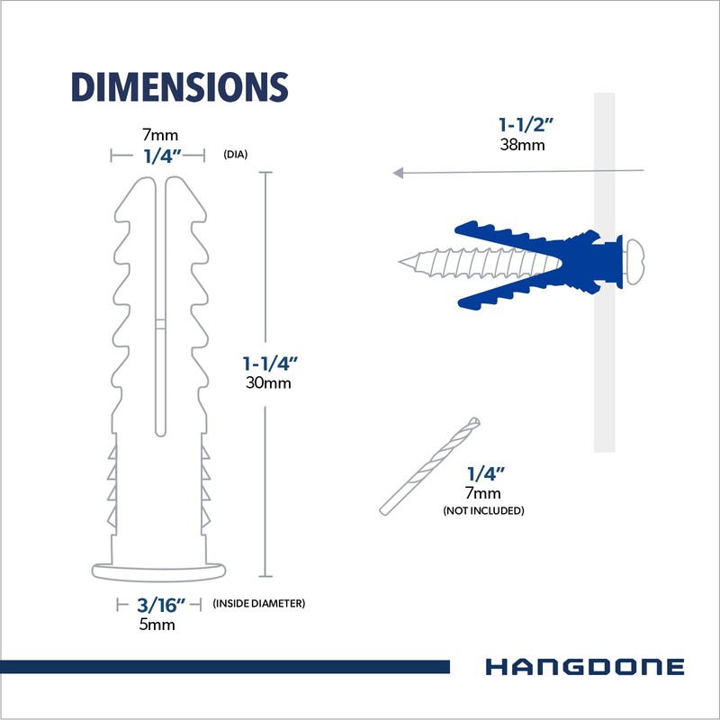 HANGDONE Ribbed Wall Anchors #10-#12 1-1/4-Inch with Screws 100-Pack, Blue,