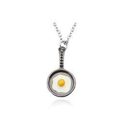Silver Plated Innovative 3D Fried Egg Pan Charm Pendant Necklace,Clavicle Chain (black)