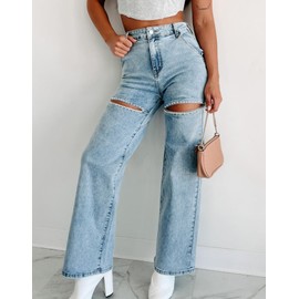 Kedera Women's Summer Denim Wide Leg Jeans High Waisted Bling Rhinestone Pearl Beaded Jeans