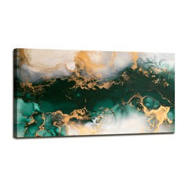 YARUITU Green Abstract Wall Art,Modern Emerald Green Gold Fluid Ink Art Marble Canvas Wall Art, Emerald Green Wall Decor for Living Room Bedroom Bathroom Office Ready to Hang 40" x 20"
