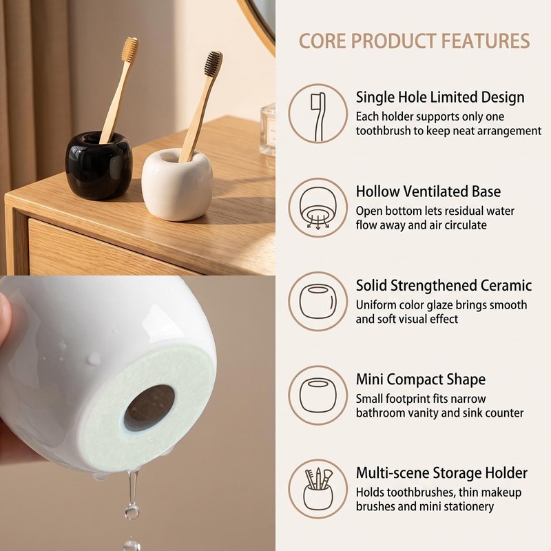 2 Pcs Mini Round Ceramic Toothbrush Holder (White+Black)