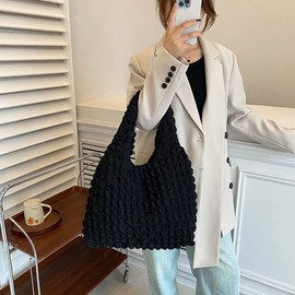 Halgio Women's Popcorn Bag, Tote Bag, Quilting, Waffle, Mokomoko, Shoulder Bag, Handbag, Eco Bag, Tote, Shoulder, Black, White, Black