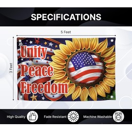 3x5 Feet American Sunflower Quote Flag "Unity Peace Freedom" with Four Brass Grommets - Peace Flag For Outdoor or Indoor - Americane Summer Banner for Wall Decoration - Polyester Yard Décor