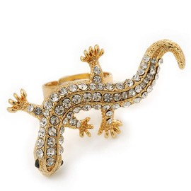 Avalaya Sculptured Crystal Gecko Ring/Gold Plated/Adjustable/Size 7/8/ 4.5cm Length