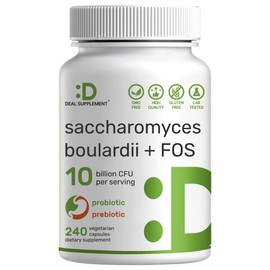 Saccharomyces Boulardii Probiotics + FOS Supplement, 10 Billion CFU, 240 Veggie Capsules – Probiotic & Prebiotic for Women & Men – Gut, Immune & Digestive Health Support – Non-GMO