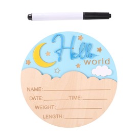 Baby Announcement Sign, 5.9 Inch Moon Style Wood Hello World Newborn Announcement Sign Welcome Baby Name Plaque for Boys Girls Nursery Hospital Photo Prop Room Decoration (Blue)