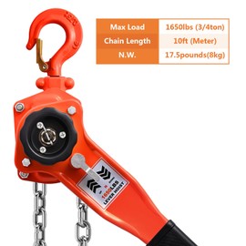 SALUINOKI Manual Lever Chain Hoist 3/4 ton Come Along 10ft 1650lbs Heavy Duty Premium Hoist