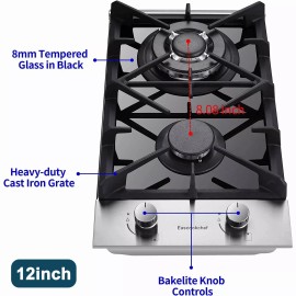Eascookchef 2 burners Gas Cooktop NG/LPG Dual Fuel Tempered Glass Gas 12in Countertop New