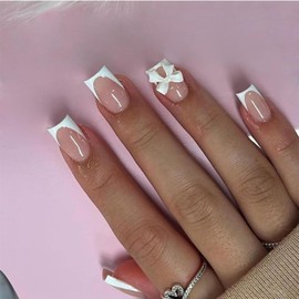 MouyouGlow Press on Nails Short, Square Nude Pink White French 3D Bow Tie Fake Nails with Nail Glue, White Tip Acrylic Artificial Fingernails