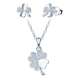 CPSLOVE Necklace and Earrings for womens and girls, 925 sterling silver necklace and earrings, women's jewelry set, Lucky four-leaf clover necklace pendant earrings studs, Inlaid shiny zircon, silver