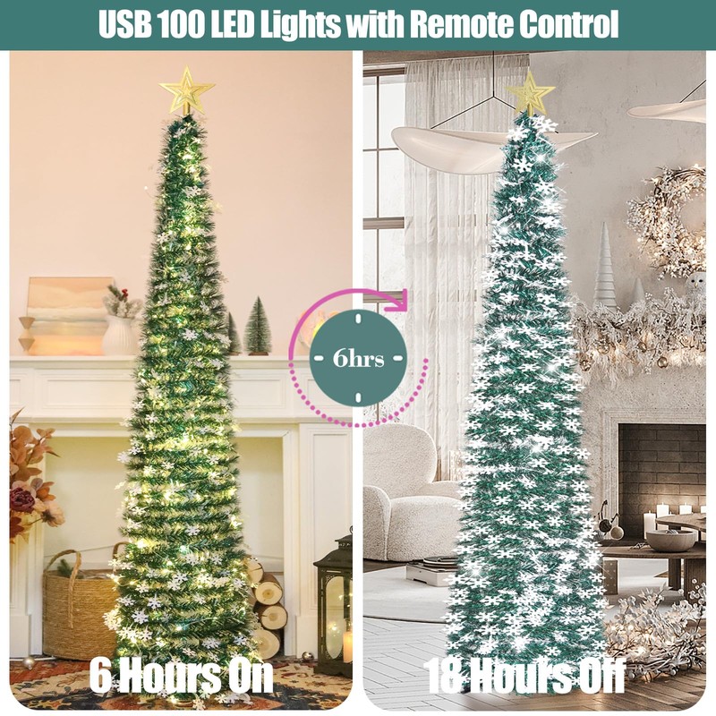 HMASYO 6 FT Pop Up Tinsel Christmas Tree with 100