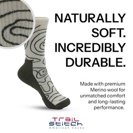 Premium Merino Wool Light Hiking Socks – Crew, Cushioned, Arch Support & Breathable – Seamless Toe & Moisture-Wicking – Athletic & Everyday Use Hiking Socks for Men & Women, Topographic, Small, 3 Pack