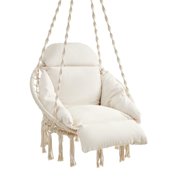 SONGMICS Hanging Chair, Hammock Chair with Large, Thick Cushion, Boho Swing Chair for Bedroom, Patio, Balcony, Garden, Living Room, Holds up to 264 lb, Cloud White UGDC042M01