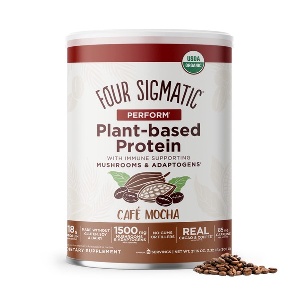 Organic Plant-Based Protein Powder by Four Sigmatic | Perform Mocha Protein Lion’s Mane, Chaga, Cordyceps and More | Clean Vegan Protein for Elevated Brain Function & Immune Support | 21.16 oz