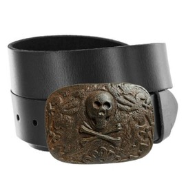 Unique Buckle Vintage Rustic Copper Skull Engraved Buckle one-piece Full Grain Leather Casual Jean Punk Belt 1-1/2"(38mm) Wide (Black, 32)