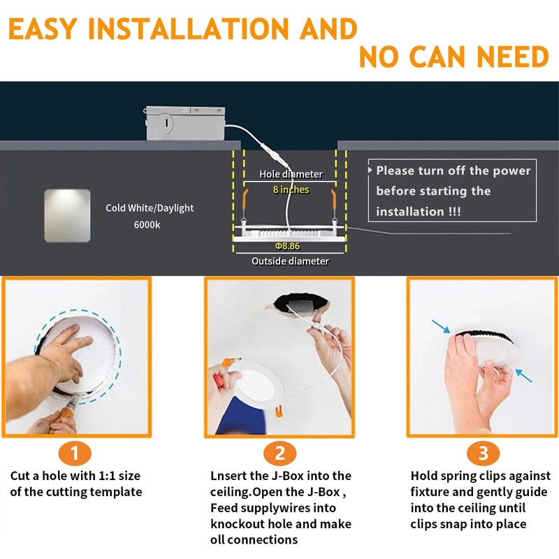JJiuzming 8 Inch LED Recessed Light,18W 6000k Daylight,No Dimmable,1Pack Ultra
