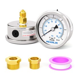 MEANLIN MEASURE 0-6bar/90PSI Stainless Steel 1/4" BSP 2.5" Face Dial Fluid Filled Pressure Gauge WOG Water Oil Air Back Panel Mounting, with 1/4" x 1/2" BSP and 1/4" x 3/8" BSP Hex Bushing