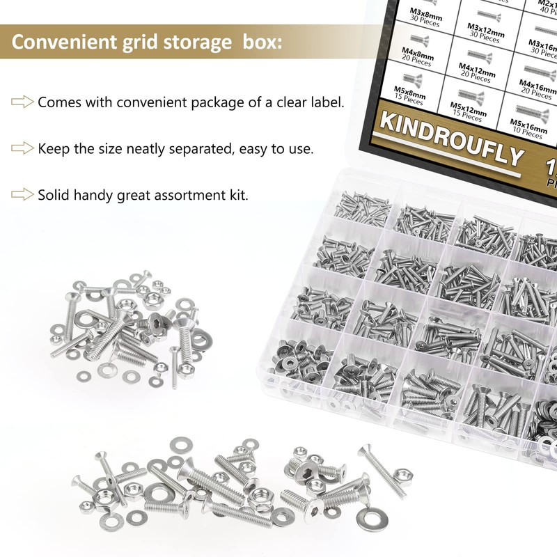 Kindroufly 1285 Pieces M2 M2.5 M3 M4 Countersunk Head Socket