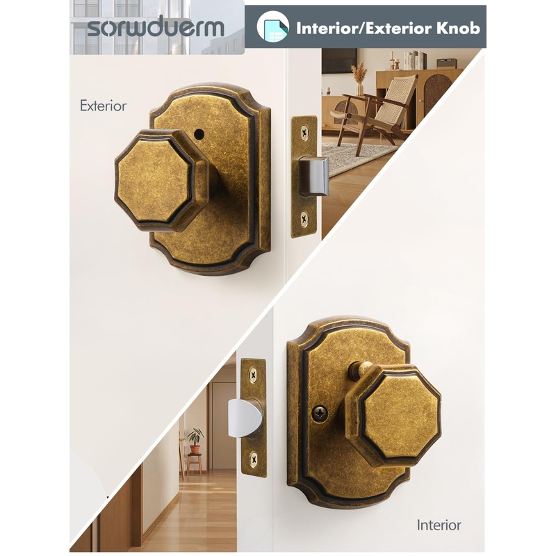 SORWDUERM 1 Pack Antique Brass Door Knobs Interior Privacy Door