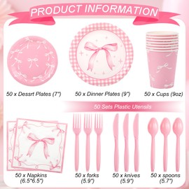 Ziliny 350 Pcs Pink Bow Plates and Napkins, 50 Guest Coquette Party Supplies Include Gingham Paper Plates Bow Napkins Cups Plastic Spoons Forks Knives Birthday Tableware Set for Baby Shower
