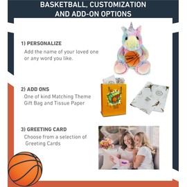 DolliBu Sitting Rainbow Unicorn Stuffed Animal with Basketball Plush - Huggable Unicorn, Playtime Plush Toy, Cute Fantasy Gift for Kids and Adults - 10 Inches