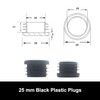25mm Black Plastic Plugs, Black Round Tube Covers, Inner End