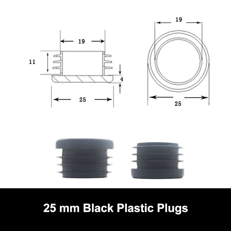 25mm Black Plastic Plugs, Black Round Tube Covers, Inner End