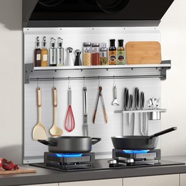 Range Backsplash, 42"x 30" Stainless Steel Backsplash,Easy Clean And Installation with Storage Shelf & Hanging Rack,Range Hood Stainless Steel Backsplash for Stove