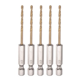 sourcing map 5pcs 1/4" Hex Shank Drill Bits 2.5mm Titanium Drill Bits Set M35 High Speed Steel Twist Drill Bit 76mm Long Fully Ground for Wood, Stainless Steel, Metal, Plastic Plastic