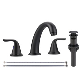Deck Mounted Dual Handle Black Bathroom Basin Faucet With Pop up Drain and Supply Hose, Modern Style Hot Cold Water Mixer TapColor: Black, Surface Finishing: Blackened