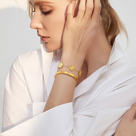 AOWVUTS 2 Pcs Bracelets for Women 18K Gold Plated Crystal Bangle Cuff Five Leaf Clover Bracelet Set Adjustabl Stacking Flower Bangle Set Lucky Friendship Love Bracelet (GOLD)