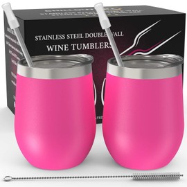 CHILLOUT LIFE 12 oz Stainless Steel Wine Tumblers 2 Pack - Double Wall Vacuum Insulated Wine Cups with Lids and Straws Set for Coffee, Wine, Cocktails - Hot Pink
