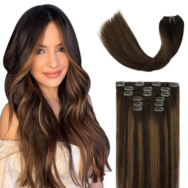 Clip in Hair Extensions 15in Ombre Dark Brown mixed Chestnut Brown 70g/set 7 Pieces, 100% Remy Human Hair Extensions No Tangling No Shedding Seamless Straight Human Hair Extensions For Women