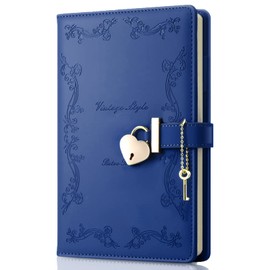 Girls Diary with Lock and Key, Cute Heart Shaped Lock Journal for Women, Refillable A5 Vintage Secret PU Leather Notebook Gift for Teen Girls - Navy blue