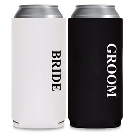 GroomBrideGifts Cute Wedding Gifts - Bride and Groom Novelty Slim Can Cooler - Engagement Gift for Couples.