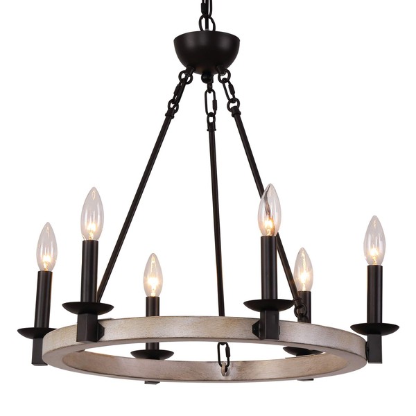 Q&S Farmhouse Wagon Wheel Chandelier,Rustic Vintage Round Circle Chandeliers for Dining Room Kitchen Island Entryway Foyer 6 Lights W22.05 UL Listed