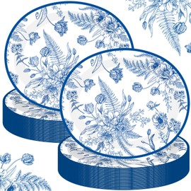 Funnymoom 50 Pcs Blue Floral Oval Paper Plates for Baby Bridal Shower Party Supplies 10" x 12" Floral Disposable Plates Vintage Dinner Serving for Wedding Birthday Bridal Tea Party Supplies