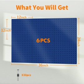 Peg Board, 6PCS Metal Pegboard, Heavy Duty Pegboard Wall Organizer with Frame. Pegboard for Walls, Garage, Workbench, Craft Room Tool Organization, Metal Pegboard Panels 12in*12in,Blue