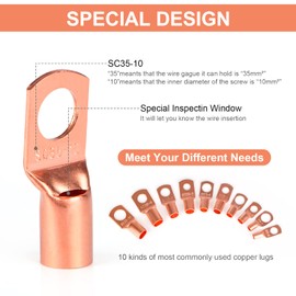 JuKonn Copper Wire Lugs,Terminal Connectors,Used on AWG12 10 8 6 4 2 Cable,Heat Shrink Set,Bare Copper Eyelets,Ring Terminals Connectors,64Pcs Battery Cable Lugs Ends and 66Pcs Heat Shrink Tubing (130PCS)