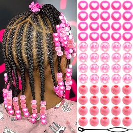 NAISKA 60Pcs Pink Heart Hair Beads for Braids Round Beads for Kids Hair Colorful Small Pony Beaded Loc Jewelry Girls Dreadlock Beads Braid Clips Accessories